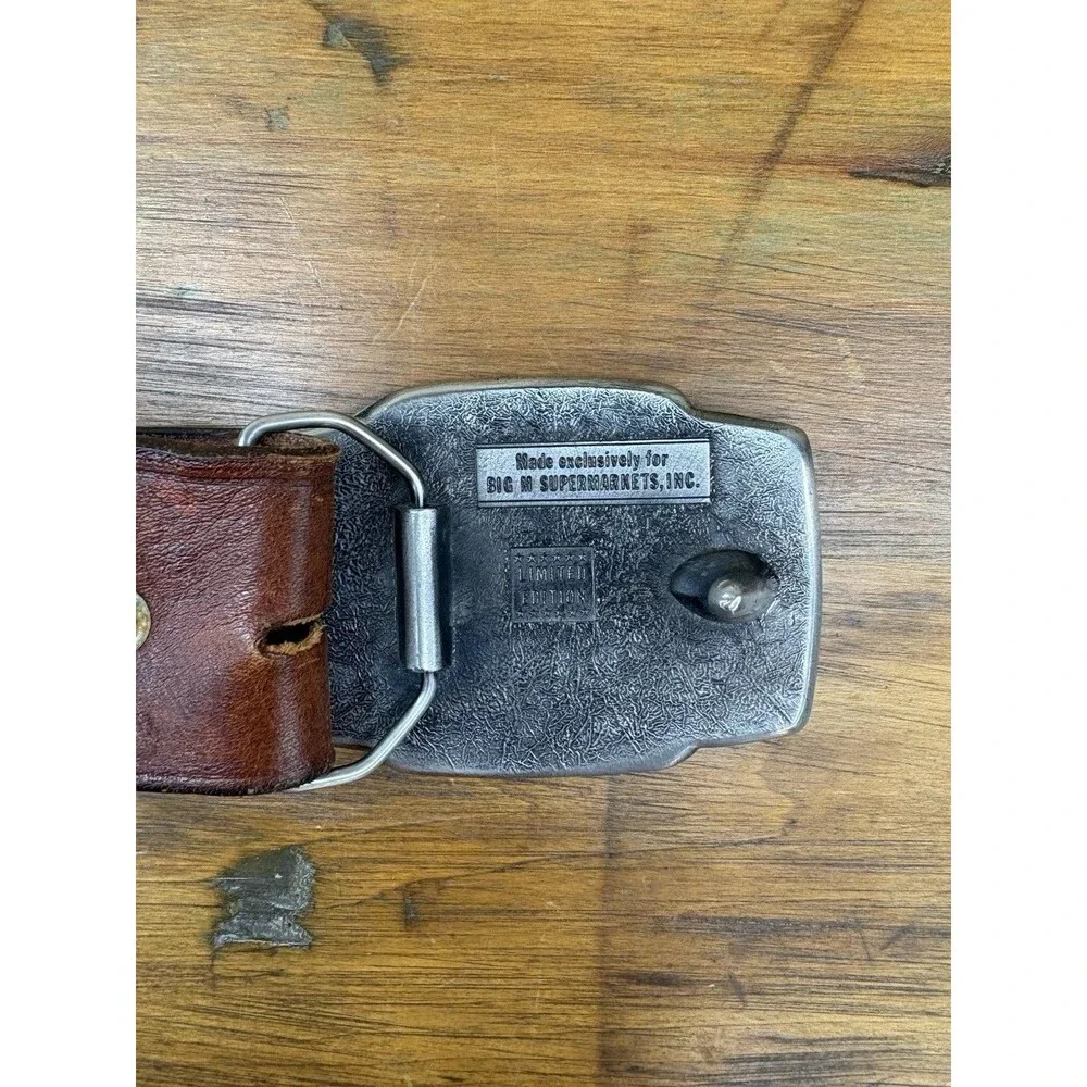 Vintage Big M Supermarkets Advertising Belt Buckle Size 34 Tooled Leather Belt